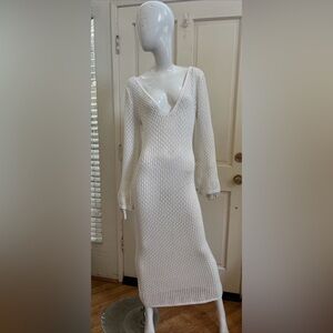 MICAS NEW! Bright White Crochet Knit V-Neck Long Sleeve Maxi Dress Sz L